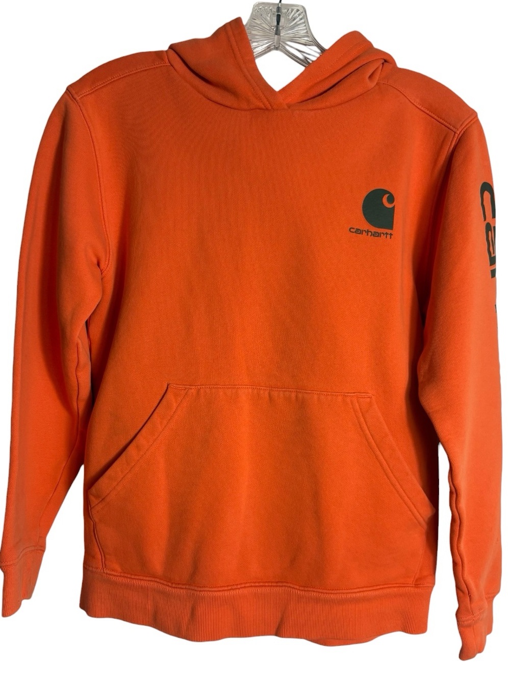 CARHARTT Kid's Orange Hoodie w/ Black Logo Sleeve Size L (14-16) -- Minor holes - Picture 5 of 12